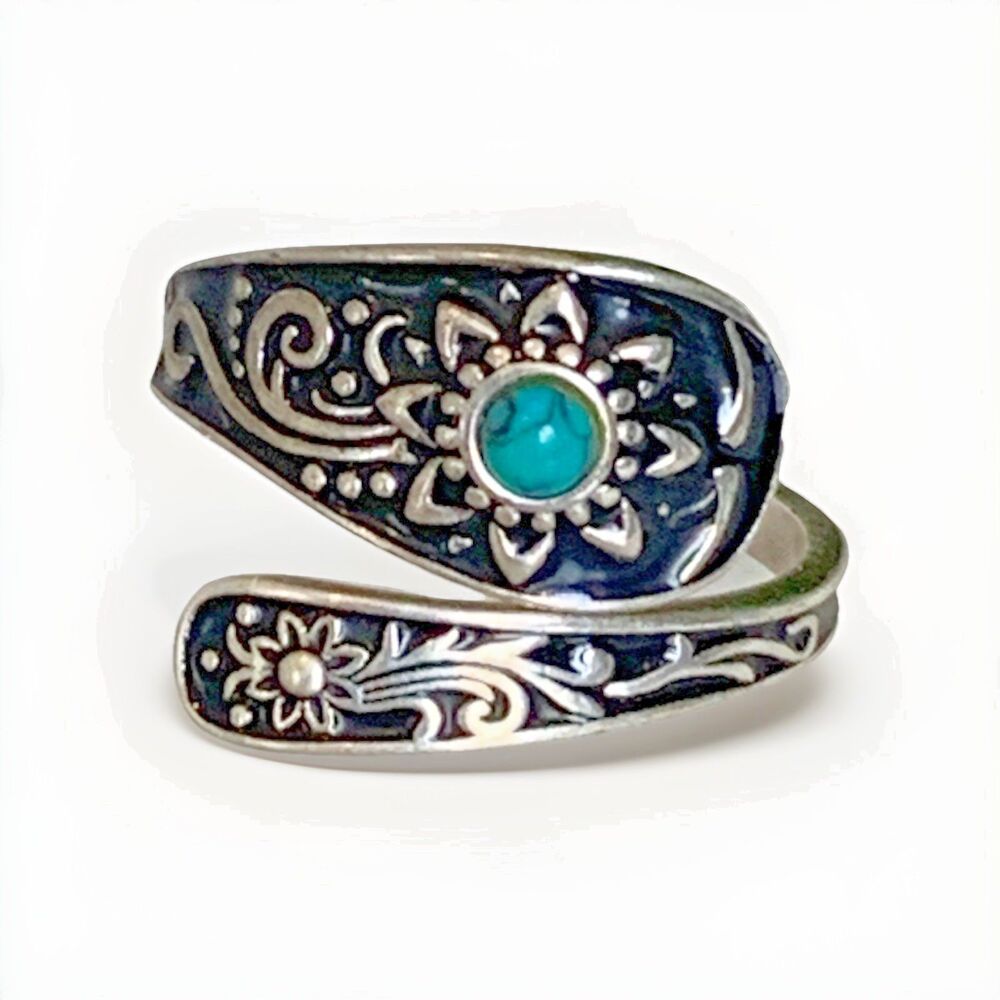 925 Sterling Silver Turquoise Floral Wrap Ring Southwestern Boho Size 6